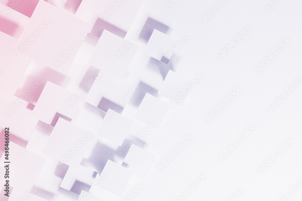 Geometric pattern with flying squares in trendy color - very peri, pink, white gradient in bright light with soft shadows, top view, border, copy space. Futuristic abstract background. Geometric pattern with flying squares in trendy color - very peri, pink, white gradient in bright light with soft shadows, top view, border, copy space. Futuristic abstract background.
