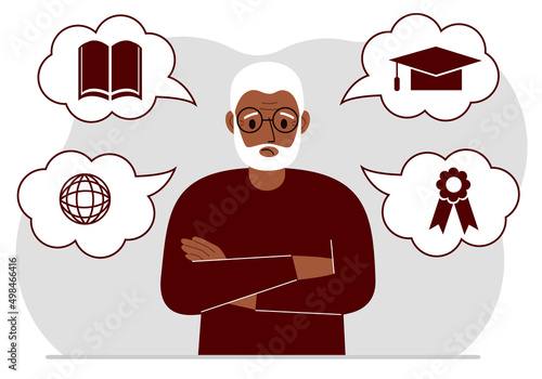 Sad grandfather with thoughts about learning. Internet profession, higher education, stock exchange, financial literacy. Various icons about education.