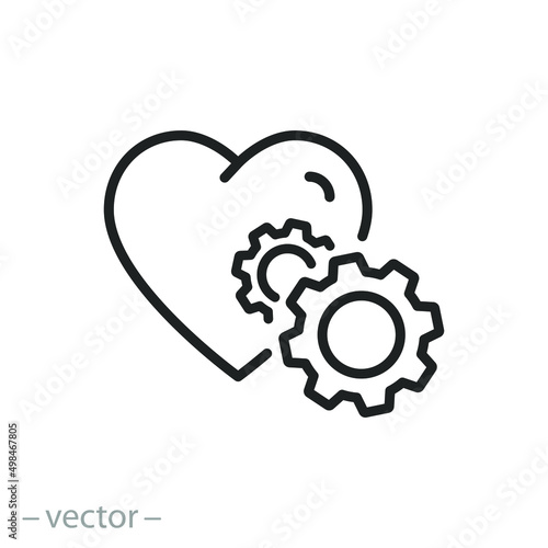 gears in heart icon, engineering passion, love mechanical technology, cog wheel life, thin line symbol on white background - editable stroke vector illustration