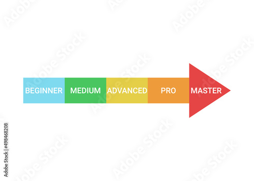 Scheme of level of skills, success and achievement, diagram step in business. Title and competence of person. Beginner, medium, advanced, professional, master. Vector illustration