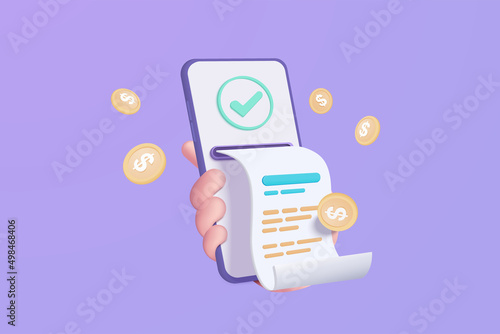 3d pay money with mobile phone banking online payments concept. Easy bill payment transaction on the smartphone. Mobile in hand holding with financial paper. 3d bill payment vector icon illustration photo