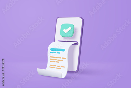 3d pay money with mobile phone banking online payments concept. Easy bill payment transaction on the smartphone. Mobile with financial paper on background. 3d bill payment vector icon illustration photo