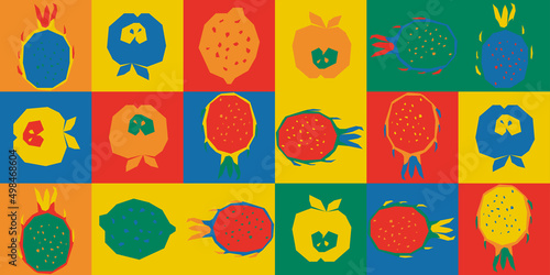 Universal seamless geometric pattern with fruit elements, vegetable shapes.