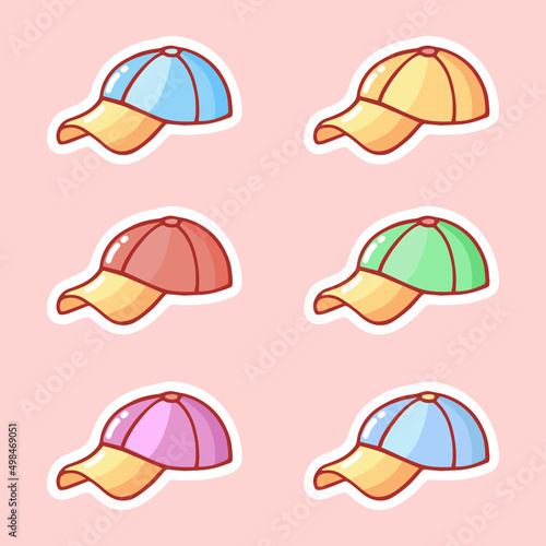 Cute hand-drawn set of baseball caps in doodle cartoon style. Kawaii elements in neutral candy colors for card, social media banner, sticker, print, decoration kids playroom. Vector illustration