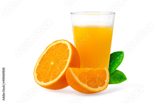 Closeup of glass of healthy 100  concentrated orange juice. Sliced fruits. Orange cut in half with green leaves behind. Isolate on white background.