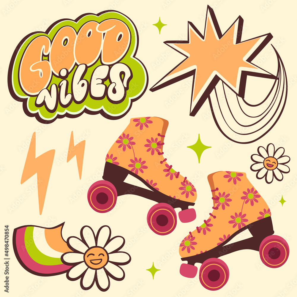 Good vibes poster. Roller skate with elements nineties retro design Good vibes poster. Roller skate with elements nineties retro design