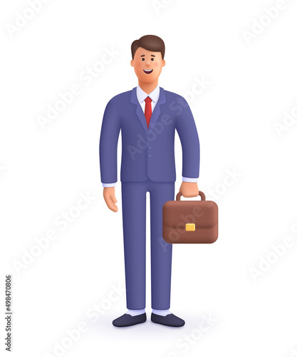 Smiling businessman in suit holding briefcase. Leader success, management concept. 3d vector people character illustration. Cartoon minimal style.