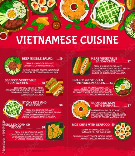 Vietnamese cuisine meals menu template. Beef noodle salad, grilled meatballs and bean curd skin with shrimps, meat and vegetable sandwiches, grilled corn, sticky rice pork cake and chips with seafood