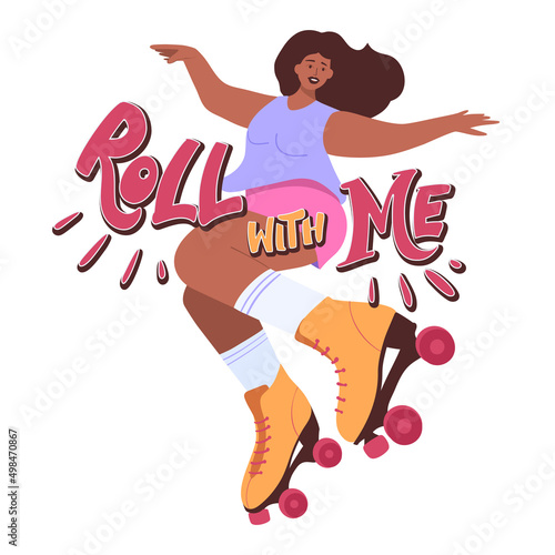 Roll with me. Woman, young woman, girl roller in jump with invitation to ride