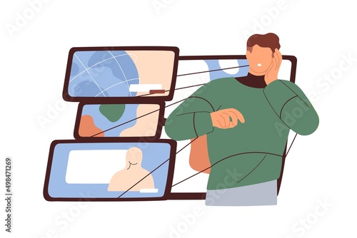 Mass media manipulation concept. Persons mind under influence, impact, control of propaganda. Man attached to manipulating information, fake news. Flat vector illustration isolated on white background