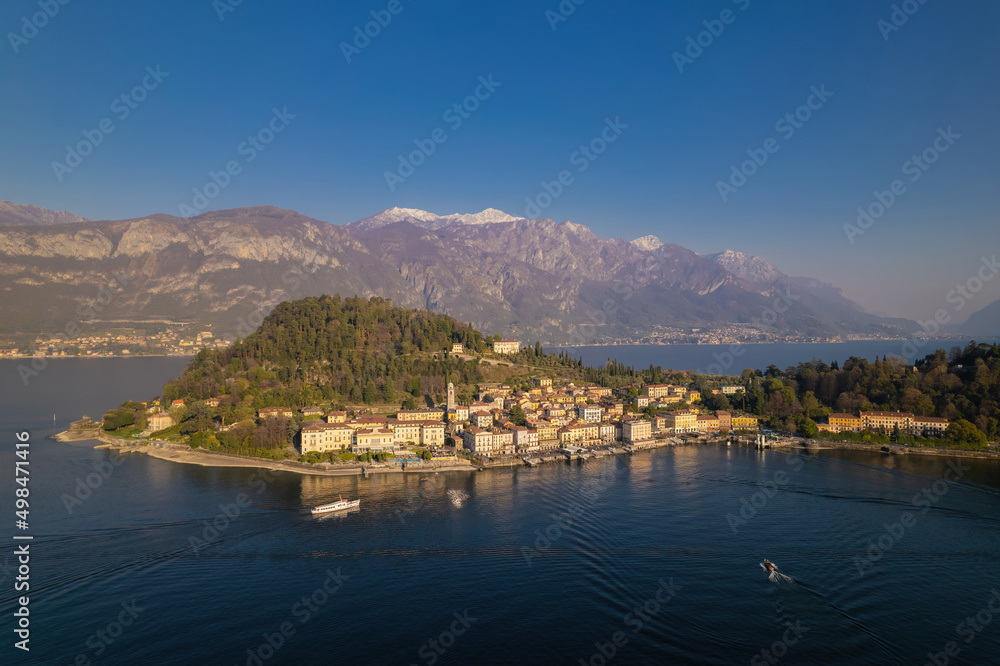 Bellagio city son Lake Como seen from the lake, aerial shot.