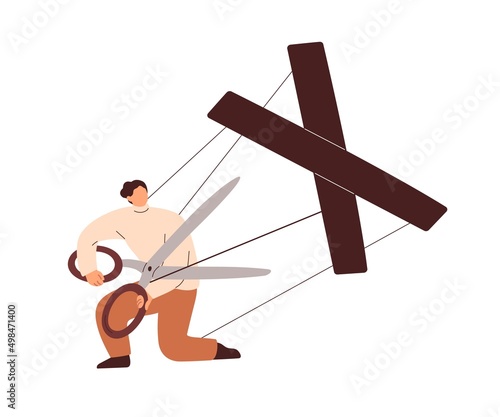 Person releasing, free from manipulation. Marionette cutting strings of authority control. Human puppet striving for freedom. Liberty concept. Flat vector illustration isolated on white background
