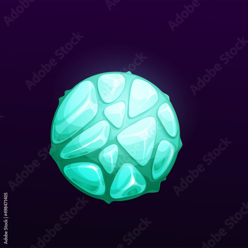 Mysterious space planet with stones and slime. Vector bizarre globe with hilly surface. Galaxy glowing star in universe. Ui game object, fantasy comet, meteor in outer space, extraterrestrial world