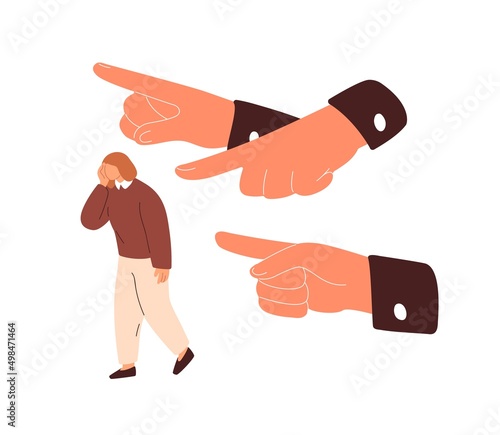 Hands pointing at victim, bullying and judging. Manipulation, condemnation, disgrace and control concept. Society shaming, blaming woman employee. Flat vector illustration isolated on white background