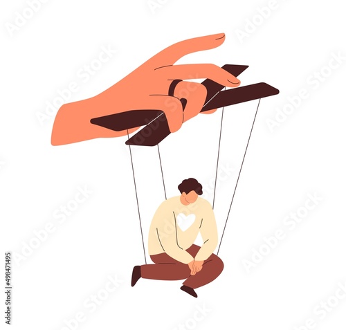 Manipulation, domination concept. Person puppet obeying to master, authority. Helpless marionette slave under control, pressure of power. Flat vector illustration isolated on white background
