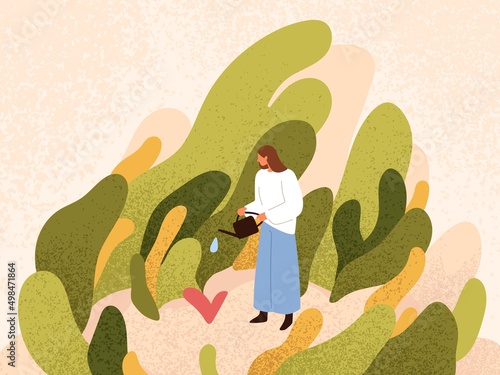 Psychology concept of self love, care and development. Woman growing, developing mental health, creating positive environment. Supporting of wellness, wellbeing, good mindset. Flat vector illustration