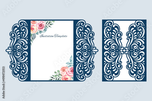 Slika na platnu Laser cut Wedding invitation template, Gate card with lace cutout pattern, vector