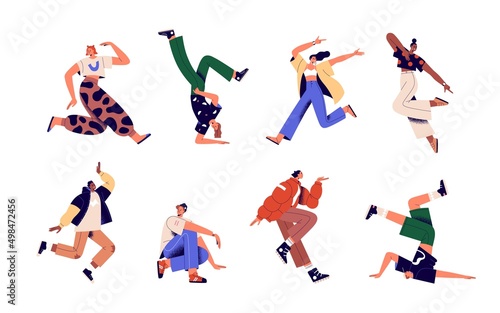 Happy young active people in funny energetic poses  fun and joy. Excited men and women rejoicing. Inspired characters  youth with energy set. Flat vector illustrations isolated on white background