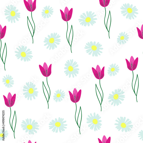 Seamless pattern wild daisies, abstract pink tulips on white background, vector eps 10 © Valentyna