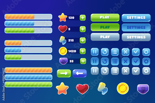 Set of icons and buttons for game or app interface. Mobile game casual ui design. vector gui progress bar, play, settings, icon star, heart, coin.