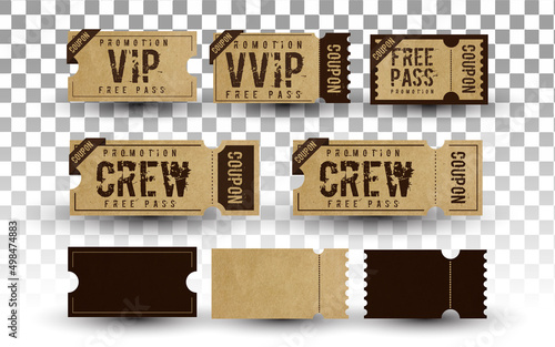 Ticket coupon vip, vvip, crew, free pass for concert, music, sport, cinema, movie, party. Brown classic ticket coupon. Isolated transparent ticket coupon vector illustration.