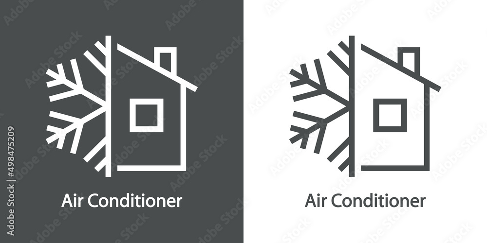 Fototapeta premium Reparación y servicio de aire acondicionado. Logo con texto Air Conditioner con casa y copo de nieve con líneas en fondo gris y fondo blanco