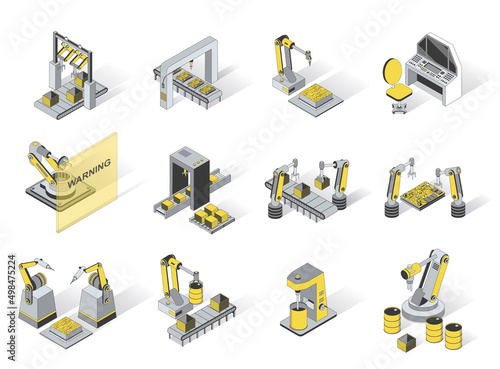 Robotization industry 3d isometric icons set. Pack elements of production conveyor lines at smart industry with robotic arms and automatic machines. Vector illustration in modern isometry design