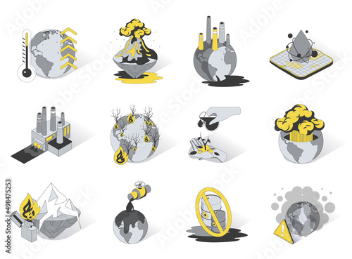 Global warming and pollution 3d isometric icons set. Pack elements of climate change on planet, emissions, volcano explosions, forest fires, oil industry. Vector illustration in modern isometry design