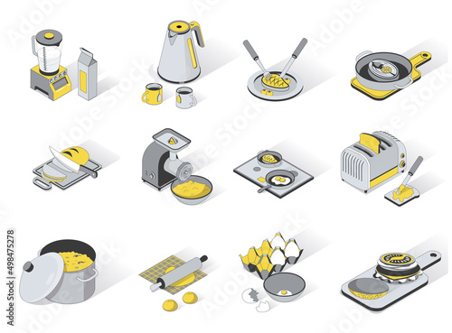 Kitchen utensils 3d isometric icons set. Pack elements of blender, kettle and cups, meal on plate, meat grinder, toaster, saucepan, bread on board. Vector illustration in modern isometry design