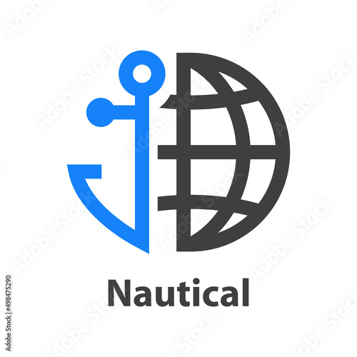 Logotipo con texto Nautical con silueta de ancla de barco con globo terráqueo con líneas en color gris y azul