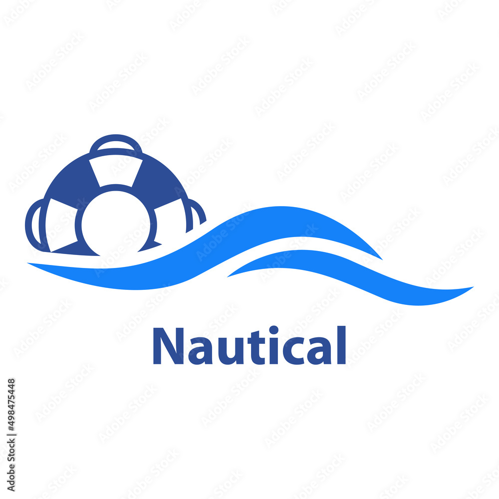 Logotipo con texto Nautical y silueta de anillo salvavidas con olas en color azul