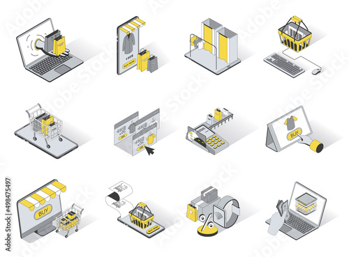 Online shopping 3d isometric icons set. Pack elements of purchases in bags, choose of goods, adding to cart, online payment, discount prices on website. Vector illustration in modern isometry design