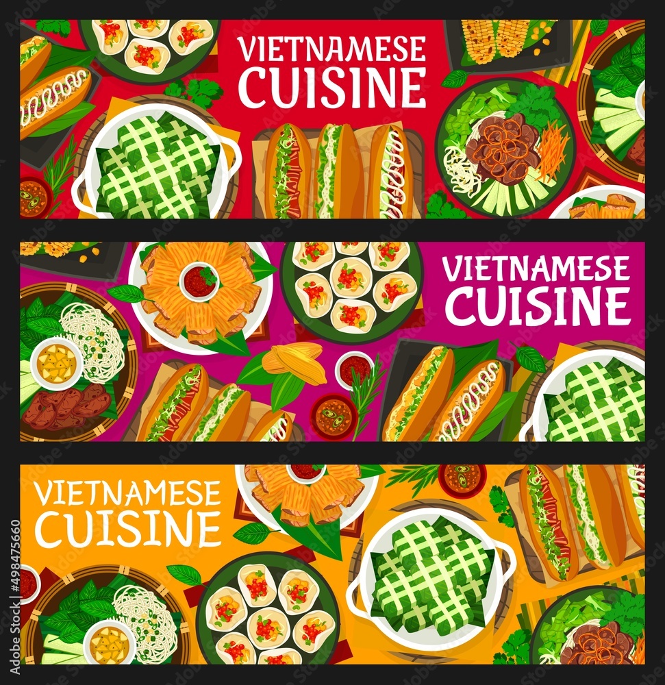 Vietnamese food restaurant meals banners. Meat and vegetable sandwich, grilled corn, beef noodle salad and bean curd skin with shrimps, chips with seafood, sticky rice pork cake and grilled meatballs
