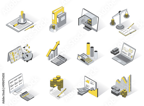 Finance and banking 3d isometric icons set. Pack elements of financial data analysis, accounting, budget, savings at piggy bank, money, coins, credit. Vector illustration in modern isometry design