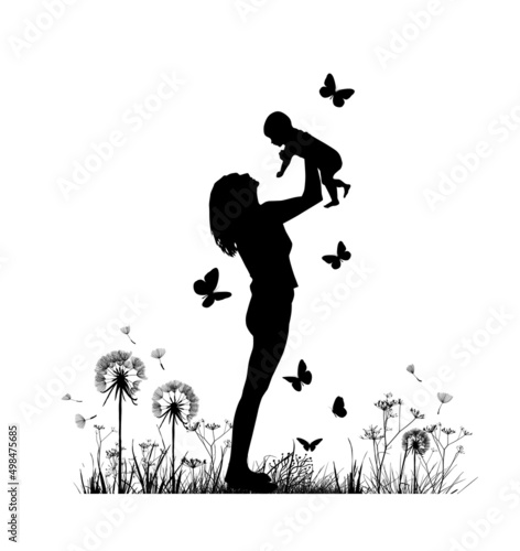 Silhouette mother with a child in her arms in nature. Vector illustration. Mother's Day
