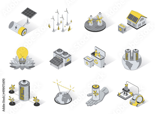 Ecological energy 3d isometric icons set. Pack elements of solar panels, windmills, green energy, eco friendly, waste sorting and recycling, electric car. Vector illustration in modern isometry design