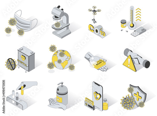 Coronavirus protection 3d isometric icons set. Pack elements of medical mask, virus on microscope, medicines, hospital, wash hands with soap, pandemic. Vector illustration in modern isometry design