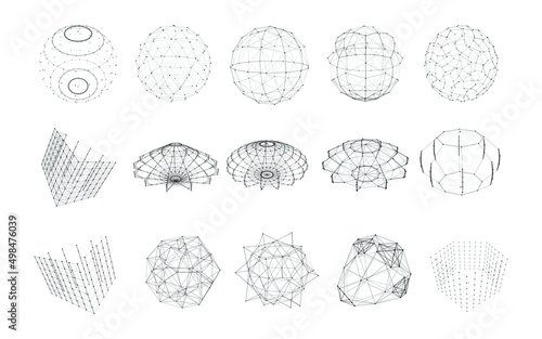 Set of wireframe geometric shapes with connected lines and dots. Collection of 3d objects isolated on white background. Network connection structure. Vector illustration.