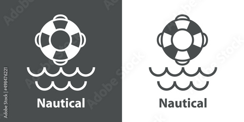 Logotipo con texto Nautical y silueta de anillo salvavidas con olas en fondo gris y fondo blanco