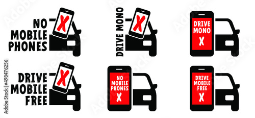 No mobile phones. Drive mobile-free, drive MONO. Vector icon or pictogram. Without distraction from apps or social media posts. Keep your eyes on the road. Do not mobile phone symbol or logo. 