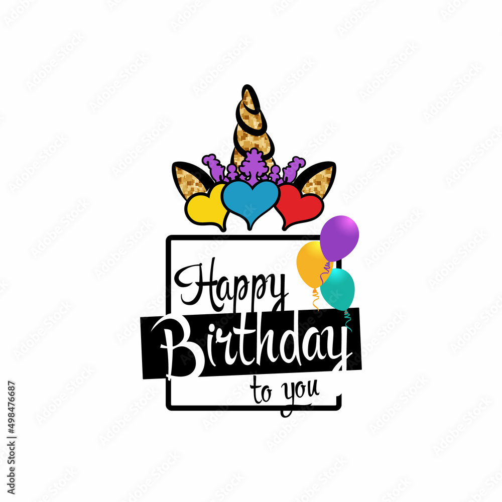 Fototapeta premium Vector sticker with unicorn. Happy birthday frame. Sublimation template. 