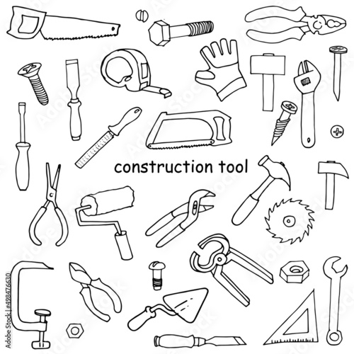 vector drawing in doodle style. set of construction tools  for repair and construction. simple line illustrations