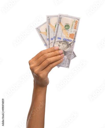 finance, currency and people concept - close up of female hand holding dollar money over white background