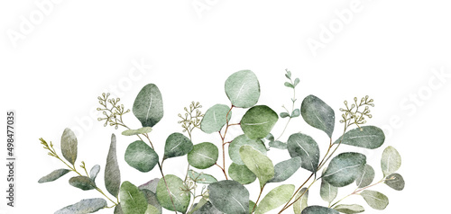 Watercolor sage green eucalyptus design template. Trendy floral design. Natural greenery rustic illustration. Spring wedding invitation border isolated on white background photo
