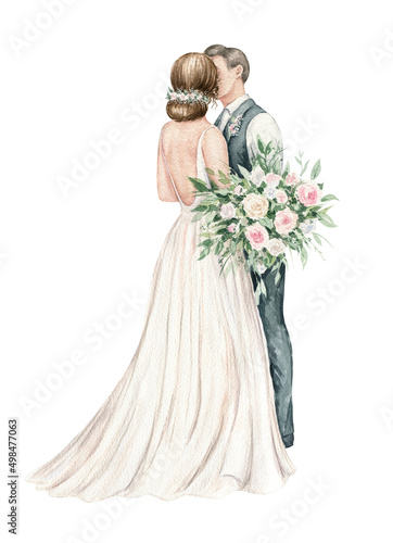 Just married couple with bouquet of flowers. Elegant groom and bride hand-painted illustration. Watercolor art isolated on white background. Template for wedding invitation  save the date  cards