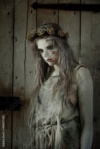 A young girl dressed as a Halloween horror figure. 
She wears filthy rags as clothing and has a thorn 
crown with flowers on her head. Blood is smeared 
on her mouth and she has a sad
expression on he