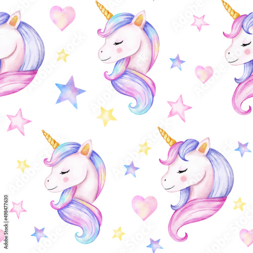 Seamless pattern. Watercolor unicorns pattern with rainbows and clouds. Cute watercolor texture