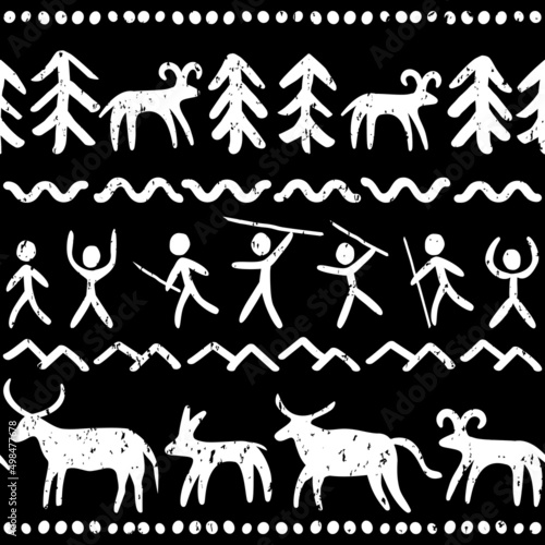 Prehistoric cave paintings art vector seamless pattern in white on black background, primitive design inspired by stone drawings with people and animals
