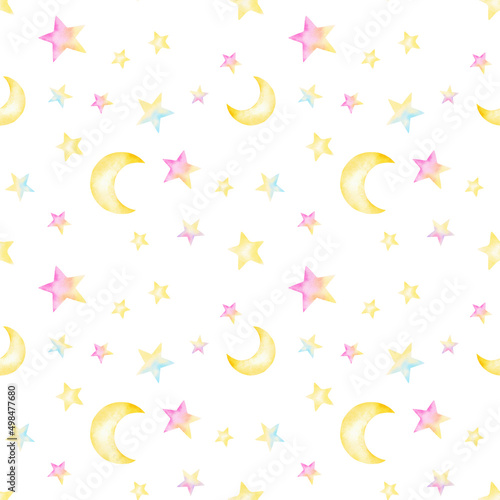Seamless pattern. Watercolor unicorns pattern with rainbows and clouds. Cute watercolor texture
