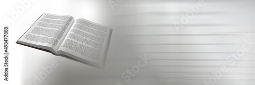 Close up view of open holy bible against grey background with copy space